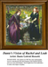 A detailed counted cross-stitch pattern preview of Dante Gabriel Rossetti's 1855 painting, "Dante's Vision of Rachel and Leah." The intricate medieval design illustrates two symbolic women beside a stone garden fountain—one in an active green dress weaving flowers and the other in a meditative purple gown staring into a reflection, set against a lush, detailed landscape.