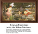 A woman watches from a leafy bank as a man gazes at his reflection in a pond, ready for you as a counted cross stitch pattern, waiting as your next.