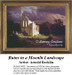 Ruins of a church or cathedral stand in a dark landscape under a vivid sky, preserved as a counted cross stitch pattern.