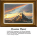 A towering, snow-dusted mountain peak glows with golden sunset light under a dramatic, swirling sky filled with warm orange and deep grey clouds in a majestic cross-stitch pattern.