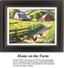A vibrant cross-stitch design of a rustic pastoral farm scene from Home on the Farm featuring a classic white barn, a red barn, rolling green hills, and chickens roaming along a dirt path lined with wildflowers.