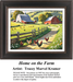 A vibrant cross-stitch design of a rustic pastoral farm scene from Home on the Farm featuring a classic white barn, a red barn, rolling green hills, and chickens roaming along a dirt path lined with wildflowers.