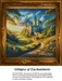 An enchanting fantasy castle sits atop a hillside at sunset, connected by a winding path through vibrant, flower-filled meadows in this detailed cross-stitch design.