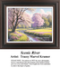 A peaceful country stream winds through a lush meadow vibrant with blooming pink cherry blossom trees and colorful wildflowers under a bright spring sky in a serene landscape cross-stitch pattern.