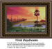 A serene beach scene with a palm tree, a pier extending into the water, and a vibrant sunset sky in rich colors, all in a digital pattern format.