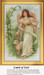 An angel holds a lamb on a pink ribbon sash surrounded by lily of the valley flowers in this printable pattern for a cross stitch project.