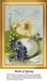 A baby chick has just hatched beside a spray of purple flowers and pussy willows, waiting as your next cross stitch project.