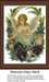 An angel with golden hair stands among vibrant pansies, surrounded by lush green foliage in this detailed cross stitch project.