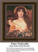 A woman holding a golden fruit and a tool sits among flowers, created as a counted cross stitch pattern by artist Dante Gabriel Rossetti.