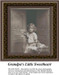 A little girl holding a large basket of flowers stands at a doorway, ready to cheer up her grandpa, presented as a sepia xstitch kit.