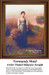 A maid stands in a field of rust-colored grass with a pond behind her, designed as a cross stitch design from Daniel Ridgway Knight's work.