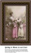 A mother stands beside her two daughters with a Victrola outdoors, come to life as a counted cross stitch design.