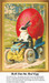 A rabbit drives a blue car with yellow flowers, parading a large red Easter egg, immortalized as a counted cross stitch pattern.