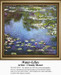 A serene pond with water lilies floating gently, translated into a counted cross stitch design by Claude Monet's impressionistic style.