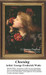A young woman smells a red camellia among green foliage, framed as a counted cross stitch chart representing George Frederick Watts.