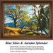 A vibrant autumn landscape painting featuring rolling golden hills, large trees with bright orange and yellow leaves, and a blue river under a clear sky, created as a large counted cross stitch by Sunrays Creations.