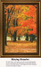 A vibrant scene of autumn trees with bright orange, gold, and coral leaves, ideal for a cross stitch project on aida cloth using DMC floss.