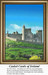 A counted cross stitch pattern of Cashel Castle in Ireland, set against a bright blue sky with green hills surrounding the ancient stone structure.