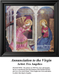 A detailed counted cross-stitch pattern preview of Fra Angelico's painting, "Annunciation to the Virgin." The Early Renaissance devotional design features the Archangel Gabriel approaching Mary beneath a classical vaulted loggia, capturing sacred humility under soft, luminous light.