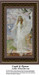 A woman dressed in white with a veil and floral crown stands beside a cherubic figure, captured as a counted cross stitch pattern.