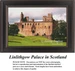 A detailed counted cross-stitch pattern preview capturing the historic stone ruins of Linlithgow Palace in Scotland. The architectural design features the grand medieval fortress positioned atop a rolling, bright green grassy hill, flanked by rich green trees against an atmospheric, cloudy sky.