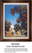 Two lute players sit beneath large trees with fall-colored leaves and a blue sky above, frozen in time as a counted cross stitch pattern.