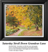 A detailed counted cross-stitch pattern preview capturing a peaceful autumn stroll along a winding dirt path in a park. The colorful landscape design features sweeping branches heavy with vibrant golden-yellow leaves draping over a solitary wooden park bench, contrasted by rich green evergreens and ground covered in fallen foliage.