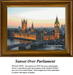 A detailed counted cross-stitch pattern preview capturing the Palace of Westminster and Big Ben in London at twilight. The architectural design features the glowing golden facades of the British parliament buildings reflecting onto the River Thames, framed by busy evening traffic on Westminster Bridge under a soft peach and pale blue sunset sky.