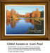 A detailed counted cross-stitch pattern preview capturing a peaceful autumn morning by a calm blue pond. The scenic design features a dense canopy of brilliant golden-yellow and bronze trees lining the grassy bank, with their fiery fall colors softly reflecting across the glassy, azure water surface.