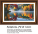 A detailed counted cross-stitch pattern preview showcasing a panoramic autumn morning over a glass-like lake. The colorful landscape design features a lakeside forest filled with vibrant red, amber, and golden-yellow trees that cast a crisp, mirrored reflection on the water under a soft layer of low-hanging fog.