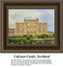 A grand stone castle with turrets sits among green trees and gardens, frozen in time as a counted cross stitch pattern.