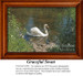 A lone swan glides gracefully across a sunny pond, surrounded by lush greenery, brought to life as a counted cross stitch pattern.
