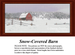 A detailed counted cross-stitch pattern preview capturing a serene and quiet winter farm scene titled "Snow-Covered Barn." The rustic design features a traditional red barn surrounded by wooden fencing, set against a vast blanket of fresh white snow and a hillside of snow-covered pine trees under a muted, overcast sky.