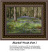 A woodland forest with tall trees and a ground covered in tiny bluebell flowers, yours as a counted cross stitch kit.