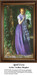 A young woman in a violet dress and fringed shawl stands in an ivy-covered arbor, ready for your next cross stitch project!