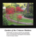 A detailed counted cross-stitch pattern preview capturing a peaceful and vibrant estate garden scene titled "Garden of the Crimson Maidens." The scenic design features a winding paved pathway slicing through manicured green lawns, beautifully framed by brilliant red Japanese maple trees and dense green shrubbery under soft, warm daylight.