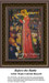 A woman in a flowing red dress ties a banner, surrounded by onlookers, designed as a cross stitch chart from a painting by Dante Gabriel Rossetti.
