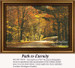A tree-lined road with vibrant autumn leaves creates a scenic view, designed as an xstitch design for stitching enthusiasts.