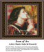 A young woman with long dark hair holds a sword, gazing upward, depicted as a counted cross stitch chart titled Joan of Arc.