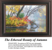 A detailed counted cross-stitch pattern preview of the autumnal landscape artwork, "The Ethereal Beauty of Autumn." The serene design showcases vibrant red, yellow, and golden bushes lining a calm shoreline, with bare arching branches reflecting off misty, still water under a soft, hazy sky.
