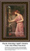 A woman in a flowing dress stands at an ornate garden entrance, come to life as a counted cross stitch design.