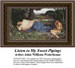 A young woman relaxes on the ground while a nymph plays a melody nearby, reimagined as a counted cross stitch pattern.