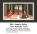 A detailed counted cross-stitch pattern preview of Raphael's early Renaissance masterpiece, "The Annunciation." The balanced architectural design showcases the Angel Gabriel kneeling before the Virgin Mary under a grand, symmetrically paved stone colonnade that leads the eye toward a quiet, sunlit background landscape.