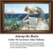 A woman examines broken pieces among lush iris flowers by the sea in this PDF pattern derived from Sir Lawrence Alma-Tadema's work.