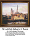 A historic cityscape with stacked houses and a towering cathedral in the background, yours to stitch as a counted cross stitch chart.