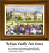 A detailed counted cross-stitch pattern preview of the architectural landscape artwork, "The Grand Castillo, Paris France." The grand design showcases the historic Luxembourg Palace surrounded by manicured trees and a vibrant foreground bed of purple, white, and yellow blooming flowers under a soft summer sky.
