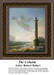 A tall column stands prominently in a serene landscape of mountains and water, immortalized as a counted cross stitch pattern.