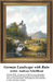 A detailed counted cross-stitch pattern preview of Andreas Schelfhout's Romantic landscape painting, "German Landscape with Ruin." The historic design depicts a crumbling stone castle ruin perched high on a green hill above a winding rural pathway with travelers beneath a soft, cloudy sky.