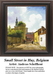 A detailed counted cross-stitch pattern preview of Andreas Schelfhout's Romantic townscape artwork, "Small Street in Huy, Belgium." The quaint design features a narrow European alley flanked by detailed rustic brick buildings and soft-lit stone paths with figures strolling under a calm blue sky.