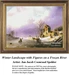A detailed counted cross-stitch pattern preview of Jan Jacob Coenraad Spohler's Romantic landscape painting, "Winter Landscape with Figures on a Frozen River." The seasonal design depicts figures skating and walking along a wide frozen river framed by windmills, rustic cottages, and a soft, pastel winter sky.